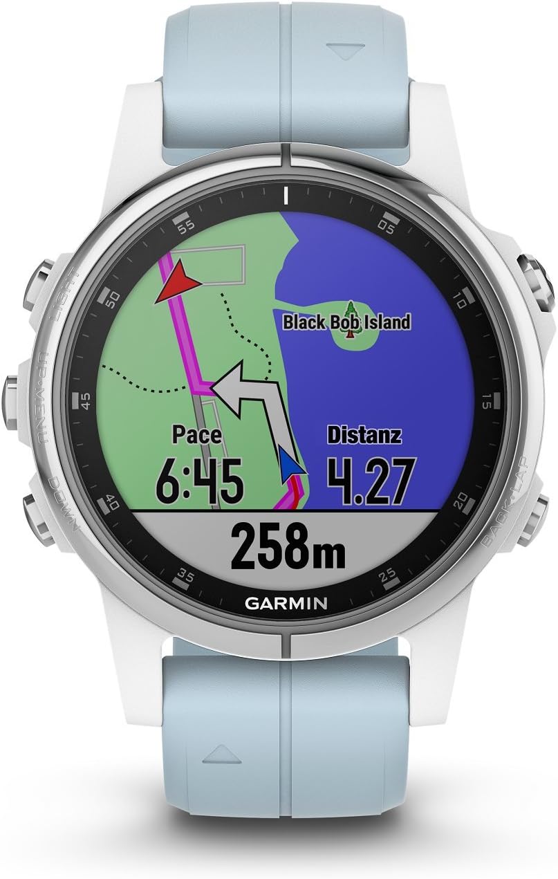 Fenix 5S Plus Smartwatch Multisport con Mappe GPS Europee, Musica e Pagamento Contactless, Glass 42 mm, Bianco con Cinturino Azzurro Seafoam