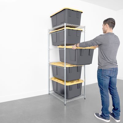 SafeRacks bin rack storage unit with person sliding a tote into place