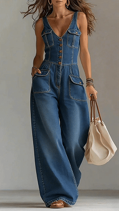 Women's Washed Denim Loose-Fit Sleeveless Jumpsuit with Straps - Nordfashionstorm - Women's Clothing, Fashion for You - Nordfashionstorm.com