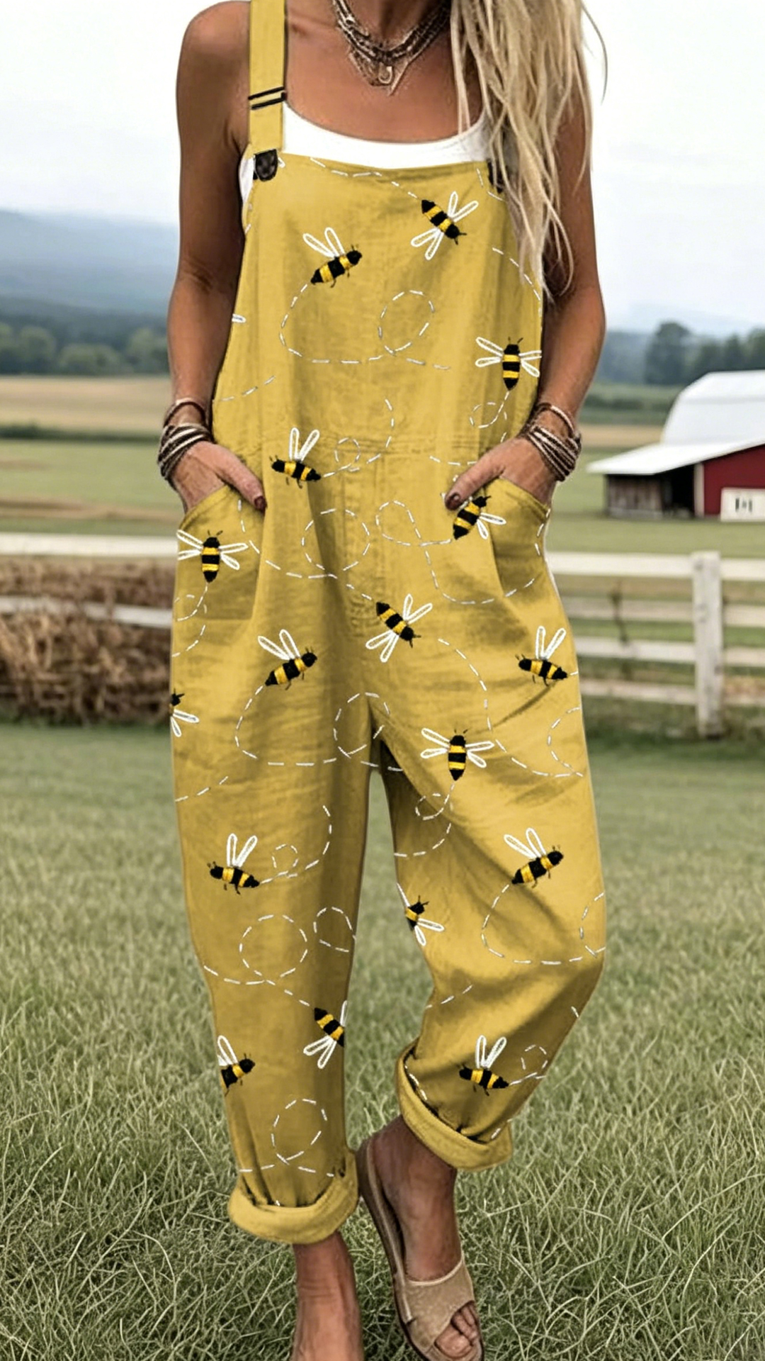 Women's Cotton-Blend Bee Print Loose Overalls - Nordfashionstorm - Women's Clothing, Fashion for You - Nordfashionstorm.com