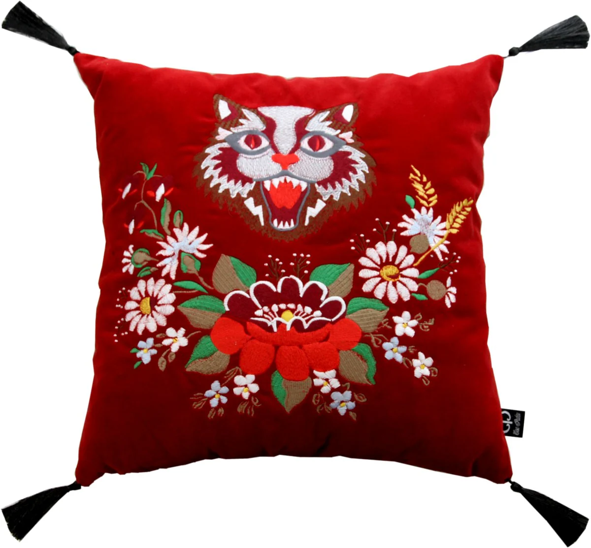 Luxury decorative cushion with tassels Cat red / black 45 x 45 cm - finest velvet fabric - living room cushion