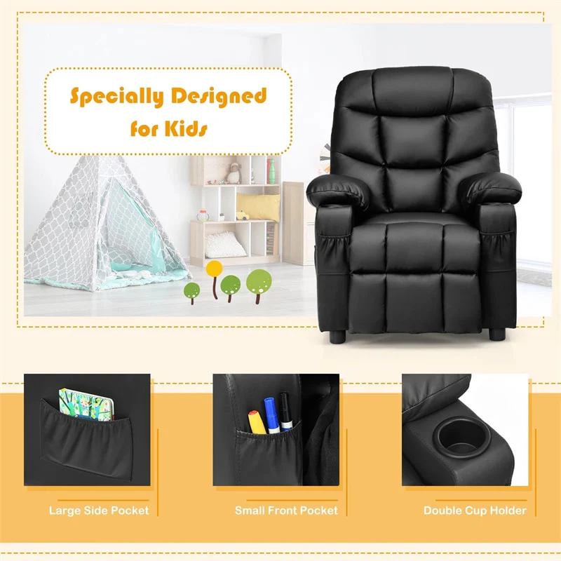Kids Recliner Chair PU Leather Adjustable Lounge Sofa with Cup Holder, 3 Pockets & Retractable Footrest, Ergonomic Toddler Furniture Sofa