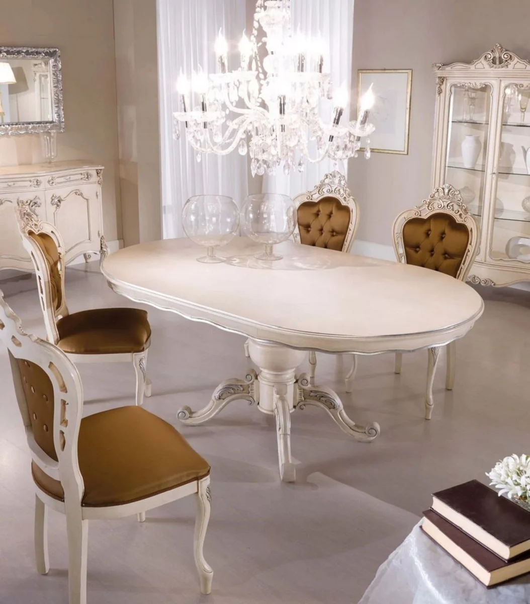 Luxury Baroque Dining Room Set Brown / Cream / Silver - 1 Baroque Dining Table & 6 Baroque Dining Chairs - Dining Room Furniture in Baroque Style - Luxury Quality - Made in Italy