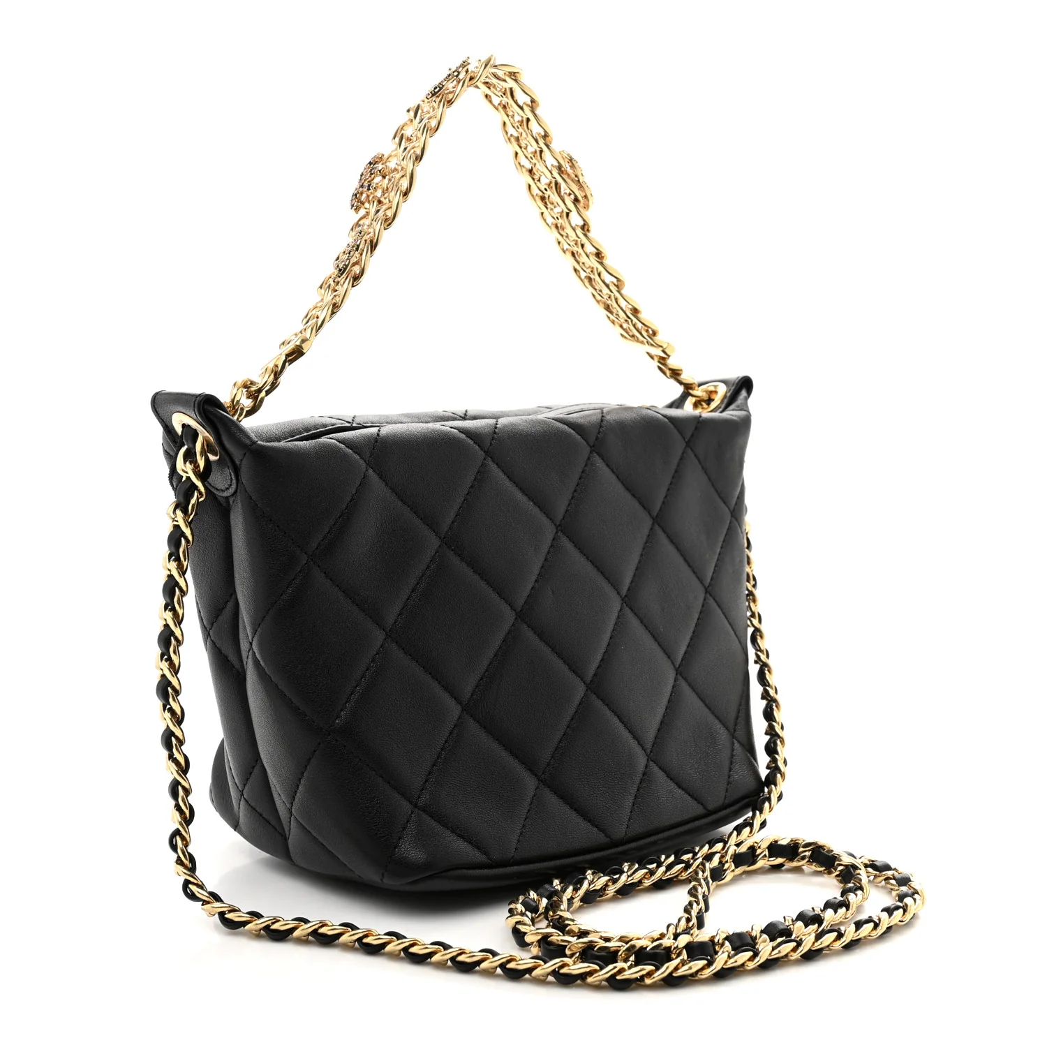 Lambskin Quilted Crystal Small CC Chain Hobo Black - Top Club