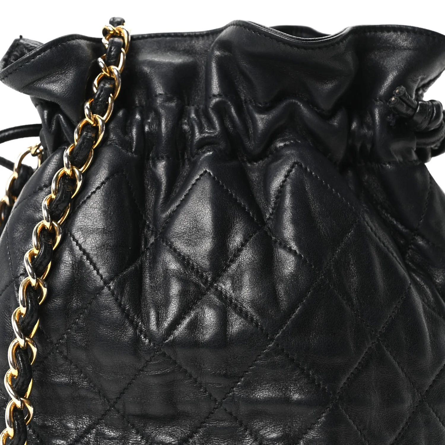 Lambskin Quilted Mini Drawstring Bucket Bag Black - Top Club