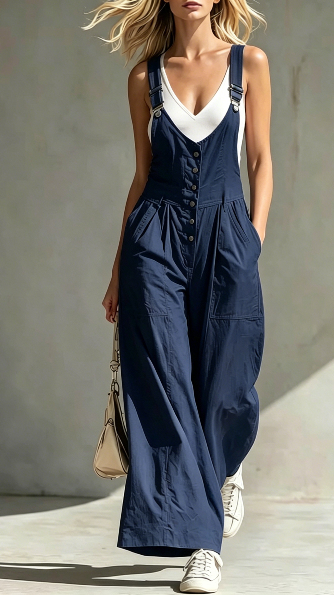 Women's V-Neck Jumpsuit with Pockets, Zipper, Buttons, Open Back, and Waist-Cinching Straps - Nordfashionstorm - Women's Clothing, Fashion for You - Nordfashionstorm.com