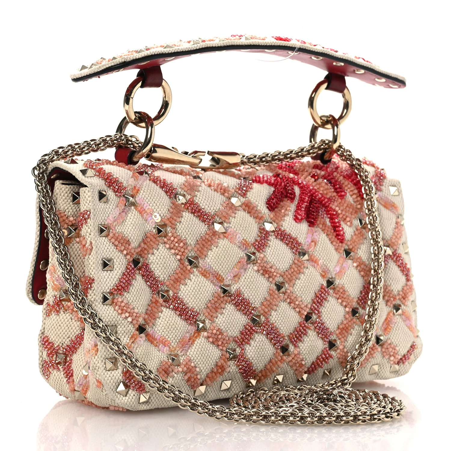 Canvas Beaded Small Rockstud Spike Shoulder Bag Multicolor - Top Club