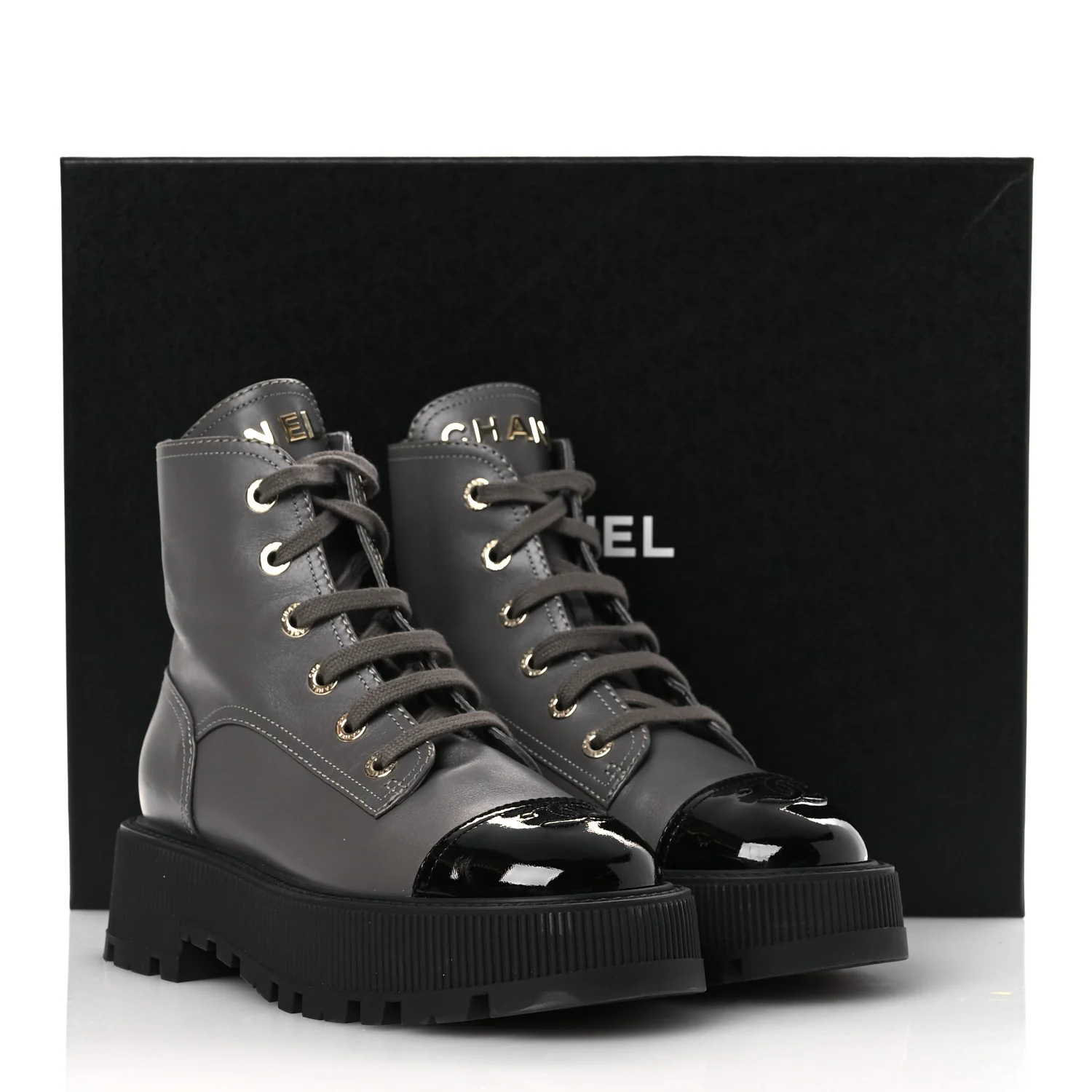 Calfskin Patent Calfskin CC Lace Up Combat Boots 36.5 Gray Black - Top Club