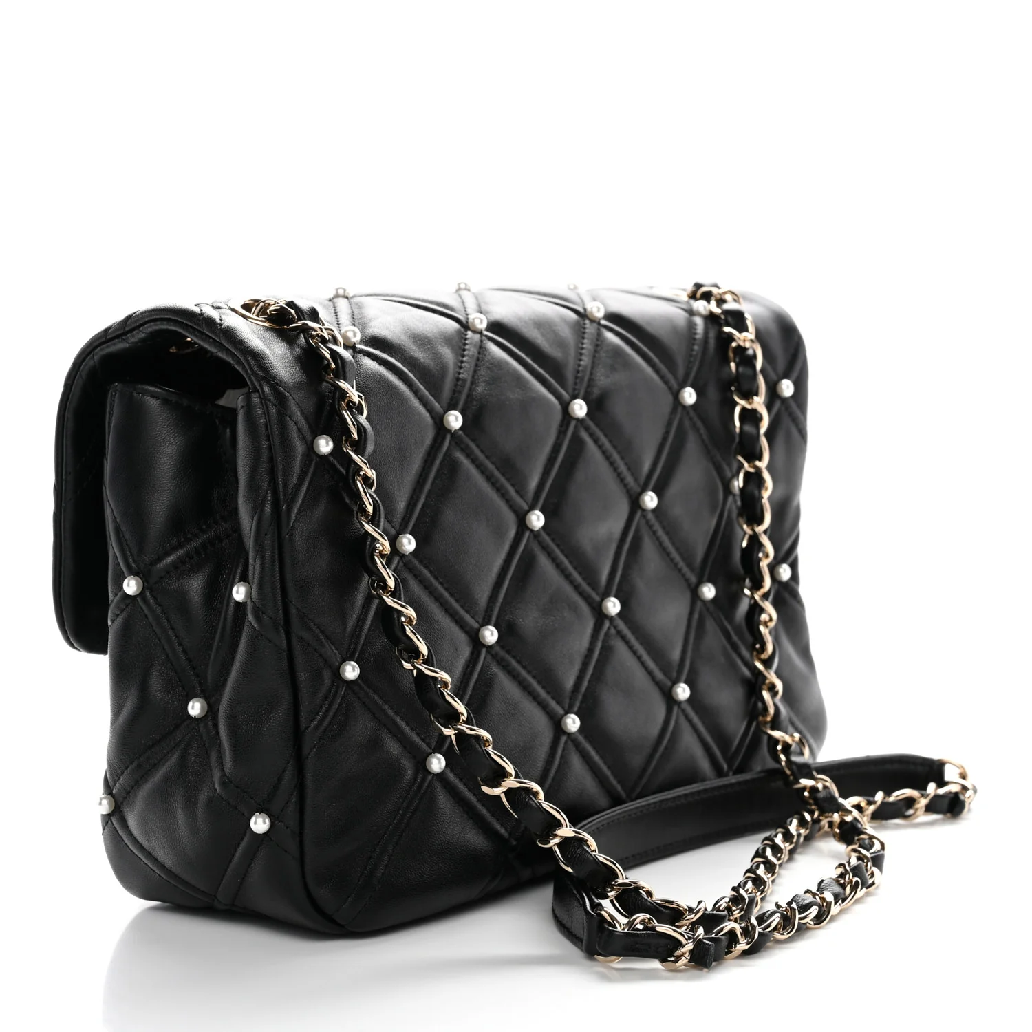 Lambskin Quilted Pearl Studded Flap Black - Top Club