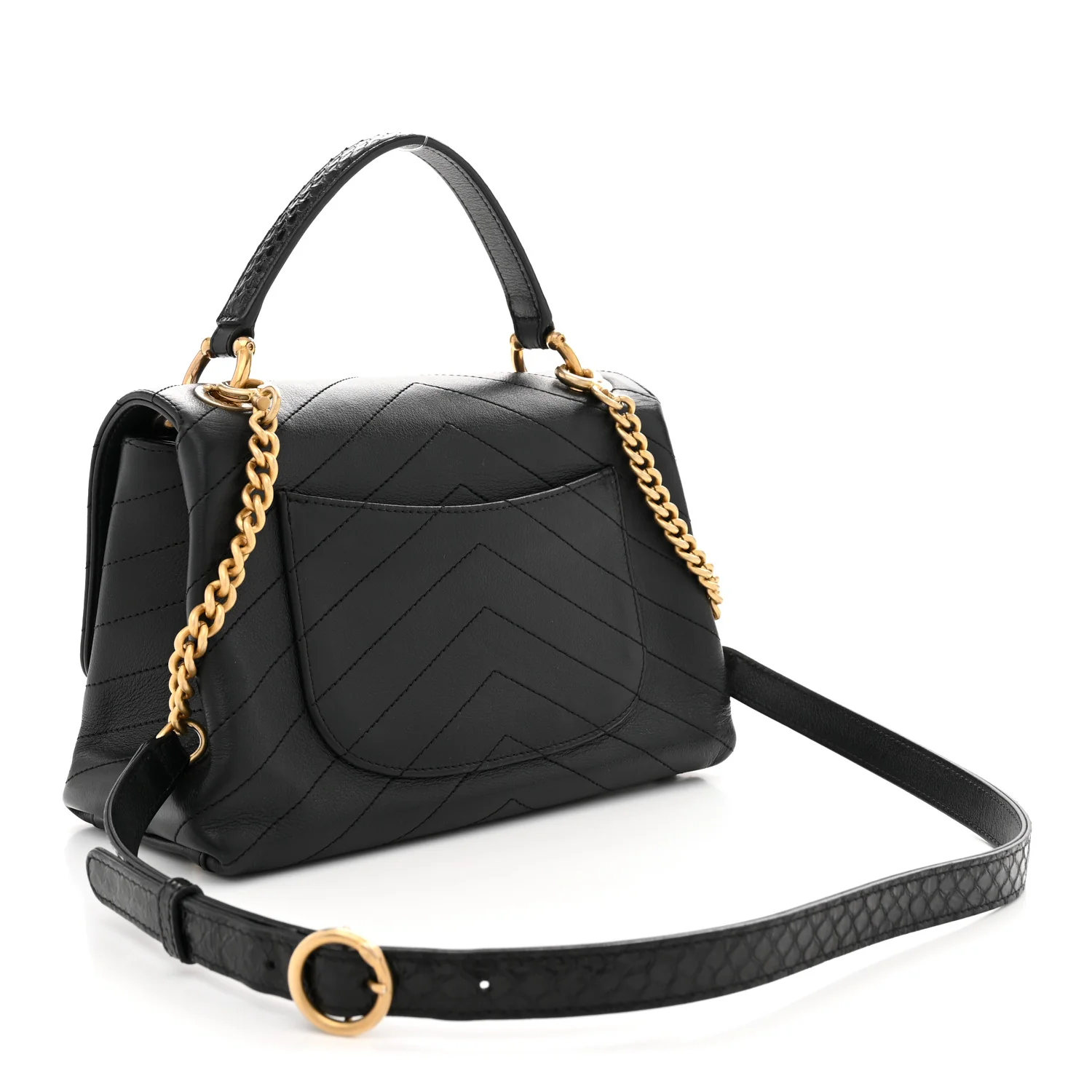 Grained Calfskin Snakeskin Small Chevron Chic Top Handle Flap Black