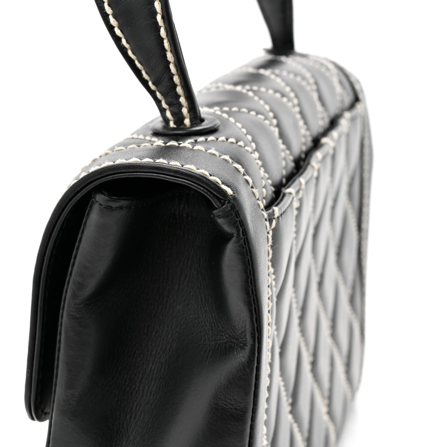 Calfskin Quilted Wild Stitch Large Top Handle Flap Black - Top Club