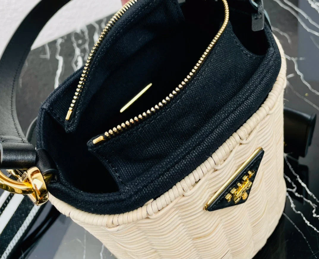 Prada Wicker And Canvas Bucket Bag TanBlack size 18x19x11 cm - Top Club