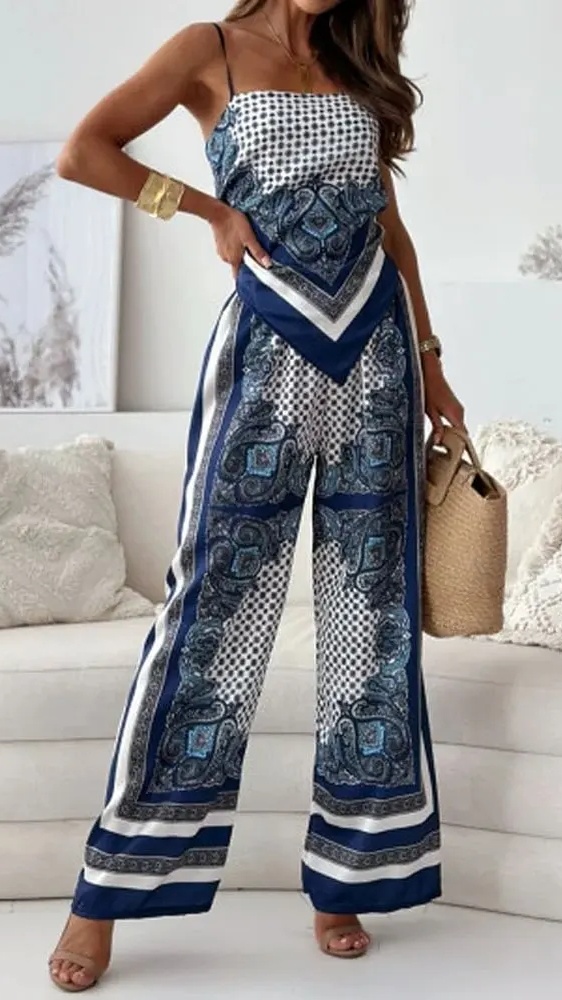 Women's Fashion Two-Piece Set: Printed Spaghetti Strap Bandeau Top + Allover-Print Trousers - Nordfashionstorm - Women's Clothing, Fashion for You - Nordfashionstorm.com