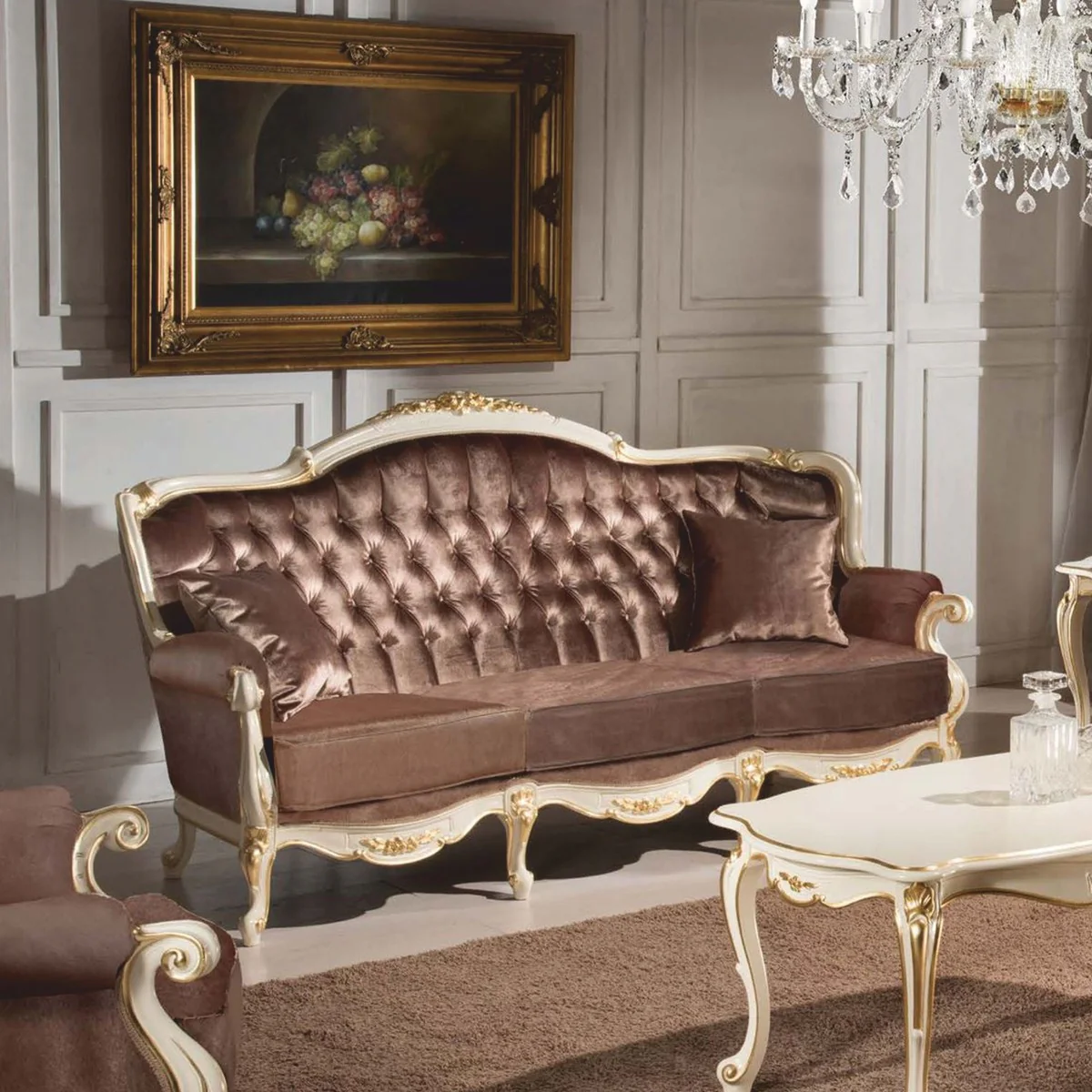 Luxus Barock Samt Sofa Braun / Weiß / Gold 194 cm - Barock Möbel - Made in Italy