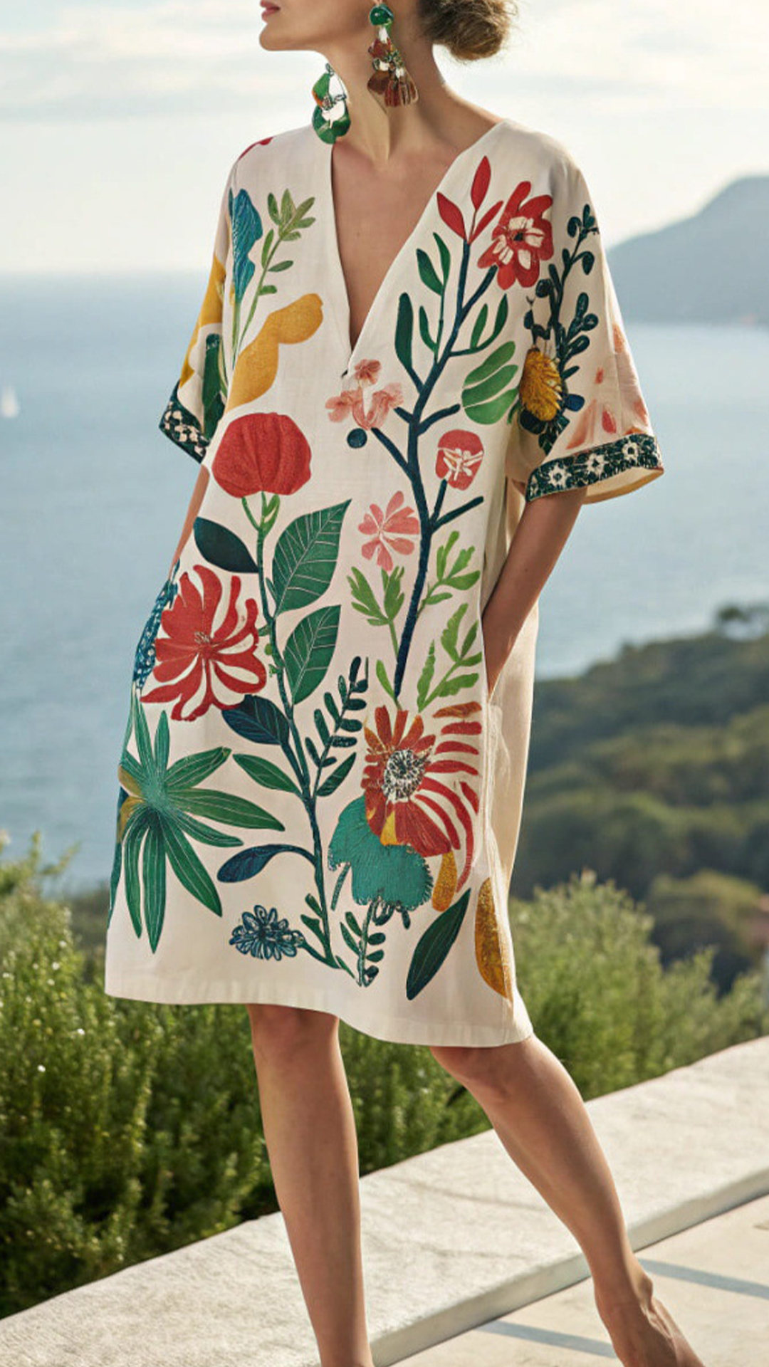 Women's Cotton-Blend White Printed V-Neck Loose Dress - Nordfashionstorm - Women's Clothing, Fashion for You - Nordfashionstorm.com
