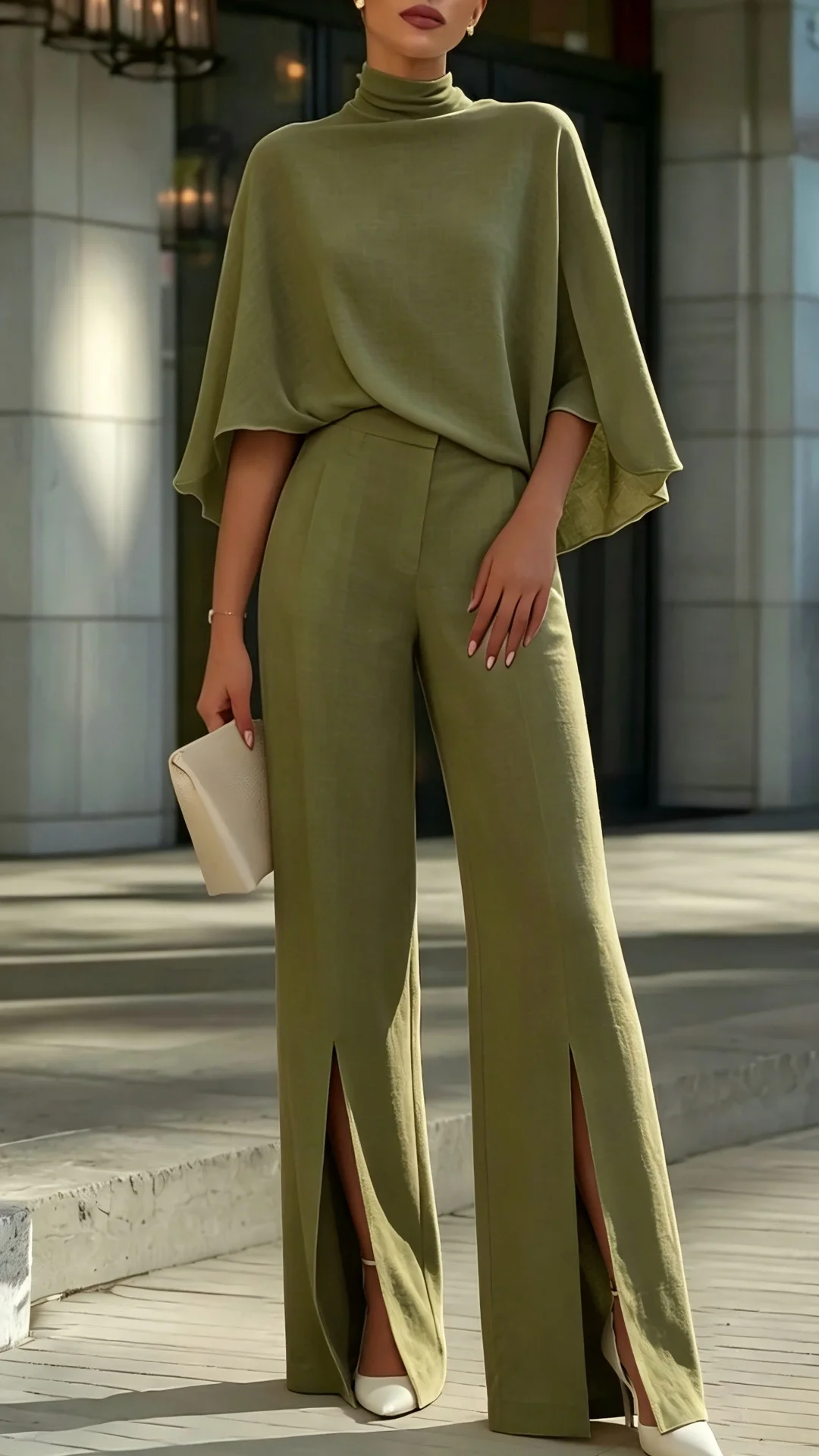 Women's Elegant Mock Neck Shawl Collar Cardigan Top with Slit Wide-Leg Trousers Two-Piece Suit - Nordfashionstorm - Women's Clothing, Fashion for You - Nordfashionstorm.com