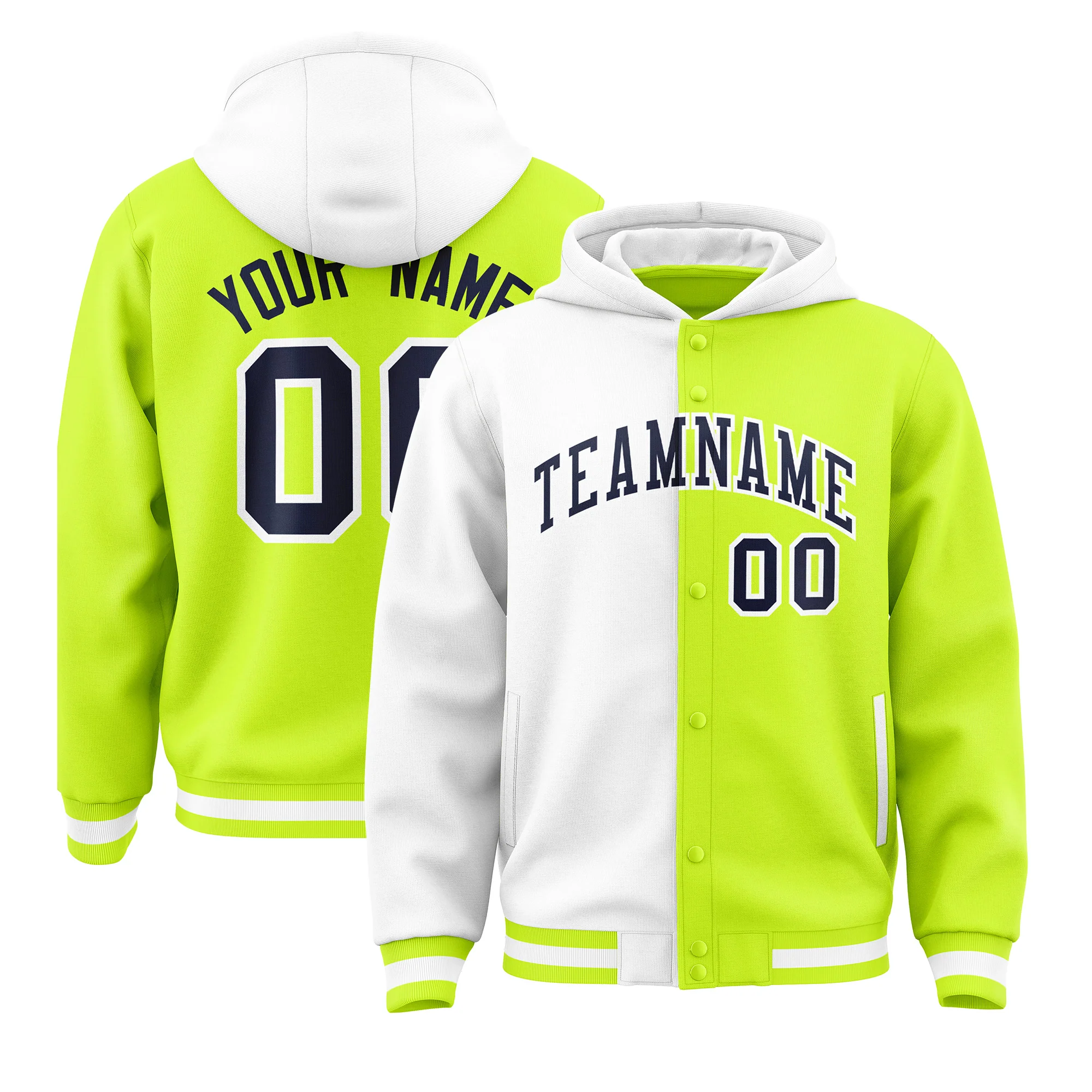 Custom White Fluorescent Green Split Fashion Varsity Full-Snap Letterman Two Tone Hoodie Jacket