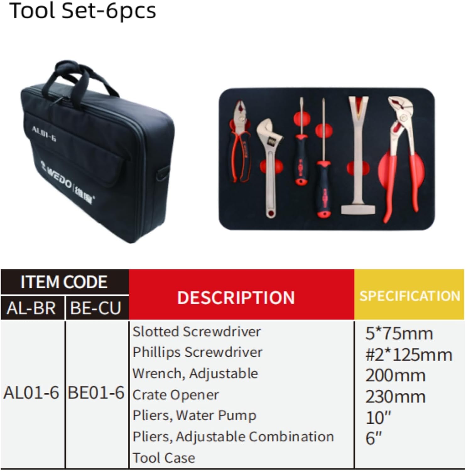 WEDO Set di 6 attrezzi antiscintille,kit di utensili manuali generali senza scintille con scatola portaoggetti per cassetta degli attrezzi,bronzo in alluminio,forgiatura una tantum