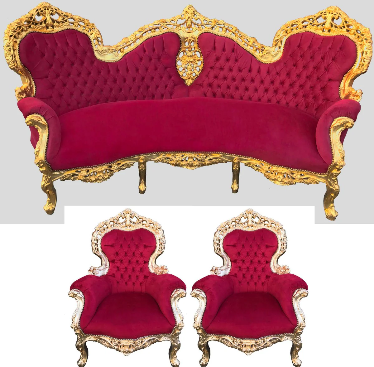 Baroque sofa set Bordeaux pattern / gold + 2 armchairs - Baroque living room
