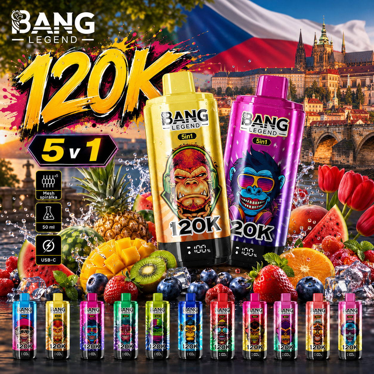 Energeťák + Borůvka + Jablko + Meloun + Mamba | Bang Legend vape 120 000 potahů
