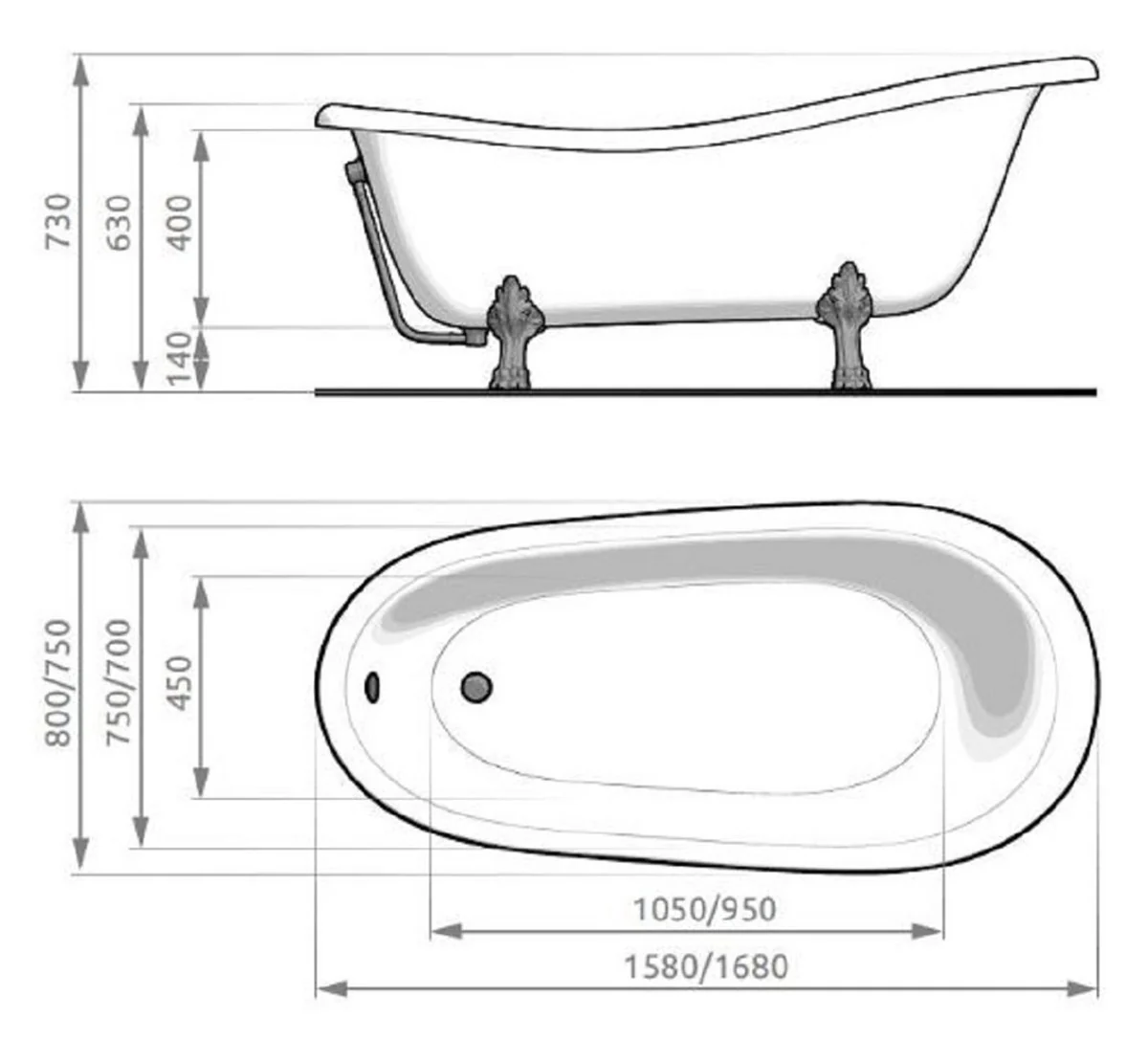 Art Nouveau bathtub black / white / silver 168 cm - Freestanding retro style bathtub
