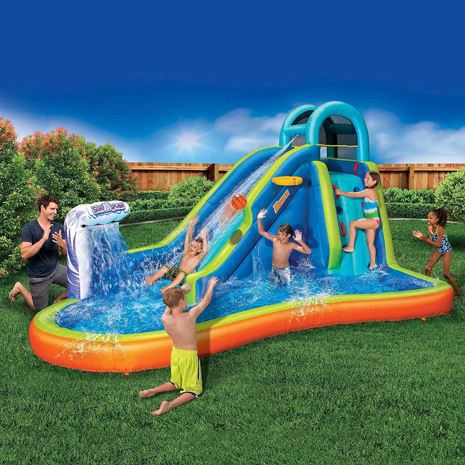 Giant Inflatable Water Slide - Huge children's pool (14 feet long and 8 feet high) with built-in sprinkler shaft and basketball hoop - Sturdy outdoor Surf-N-Splash adventure park - Blower included