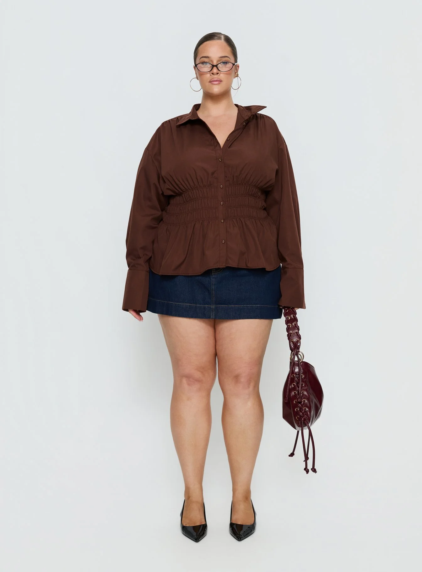 As You Are Shirred Button Up Top Chocolate Curve