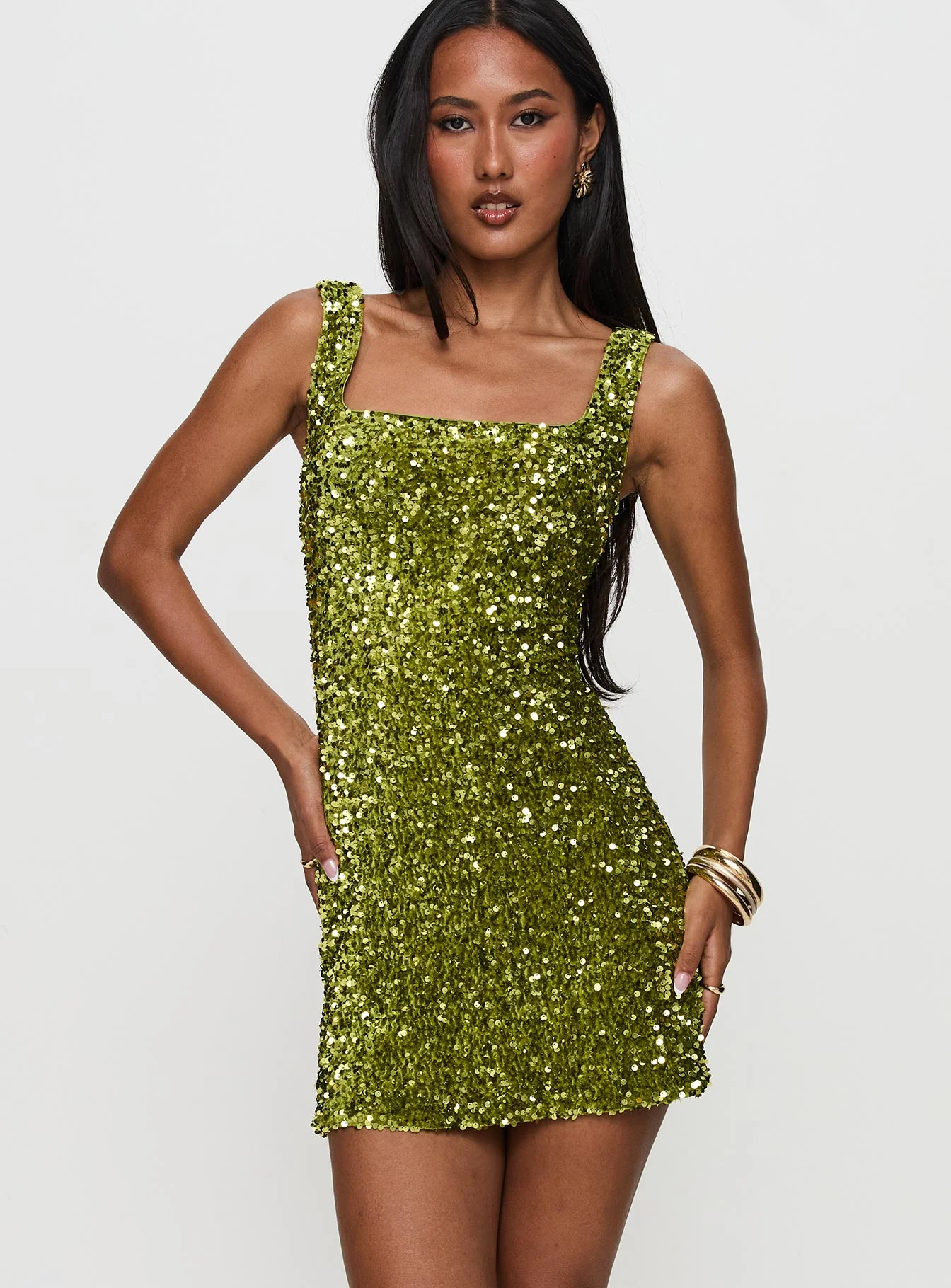 Miss Me Sequin Mini Dress Chartreuse
