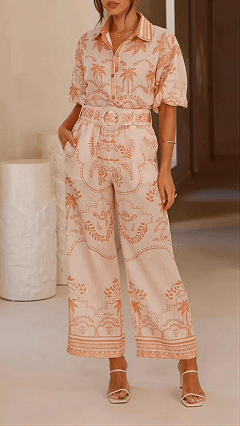 Women's Cotton‑blend Light Apricot Botanical Print Collared Puff Sleeve Top & Wide‑Leg Pants Set - Nordfashionstorm - Women's Clothing, Fashion for You - Nordfashionstorm.com