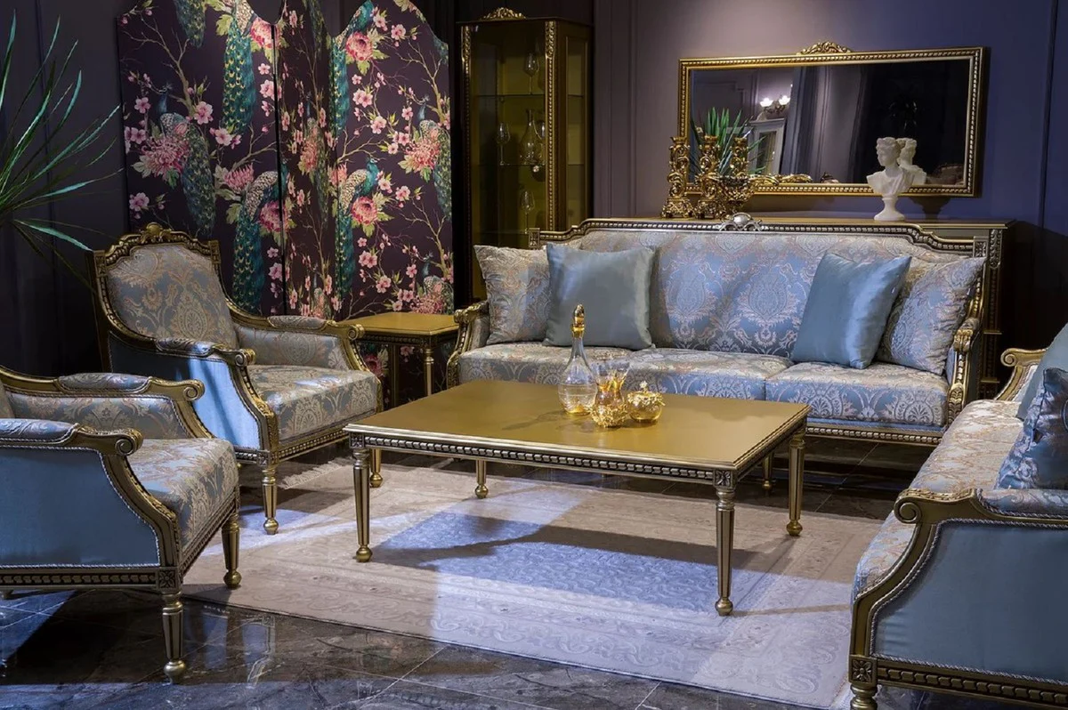 Luxury baroque living room set light blue / gold - 2 baroque sofas & 2 baroque armchairs & 1 baroque coffee table - living room furniture in baroque style - baroque furniture - baroque furnishings