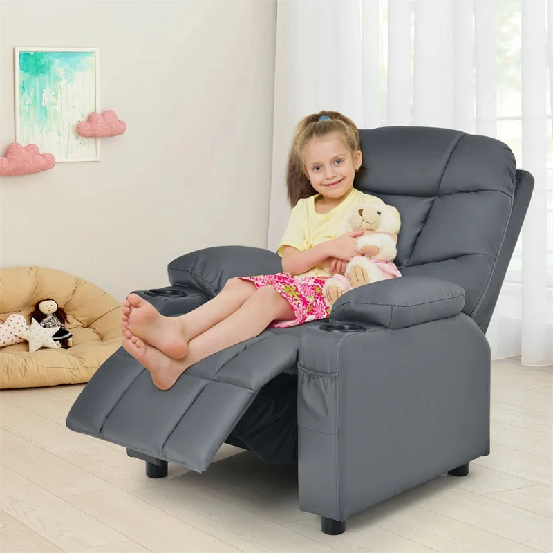 Kids Recliner Chair PU Leather Adjustable Lounge Sofa with Cup Holder, 3 Pockets & Retractable Footrest, Ergonomic Toddler Furniture Sofa