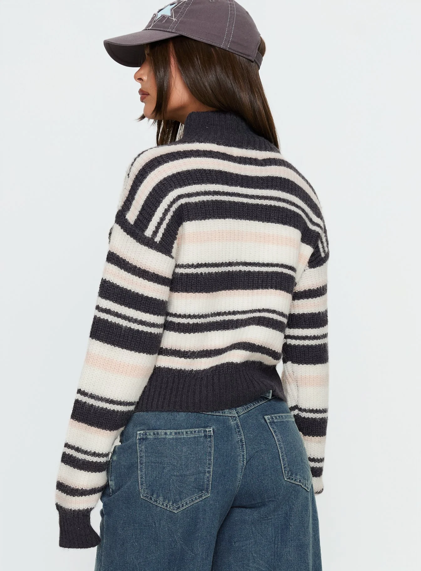 Tetra Zip Through Knit Sweater Pink Stripe