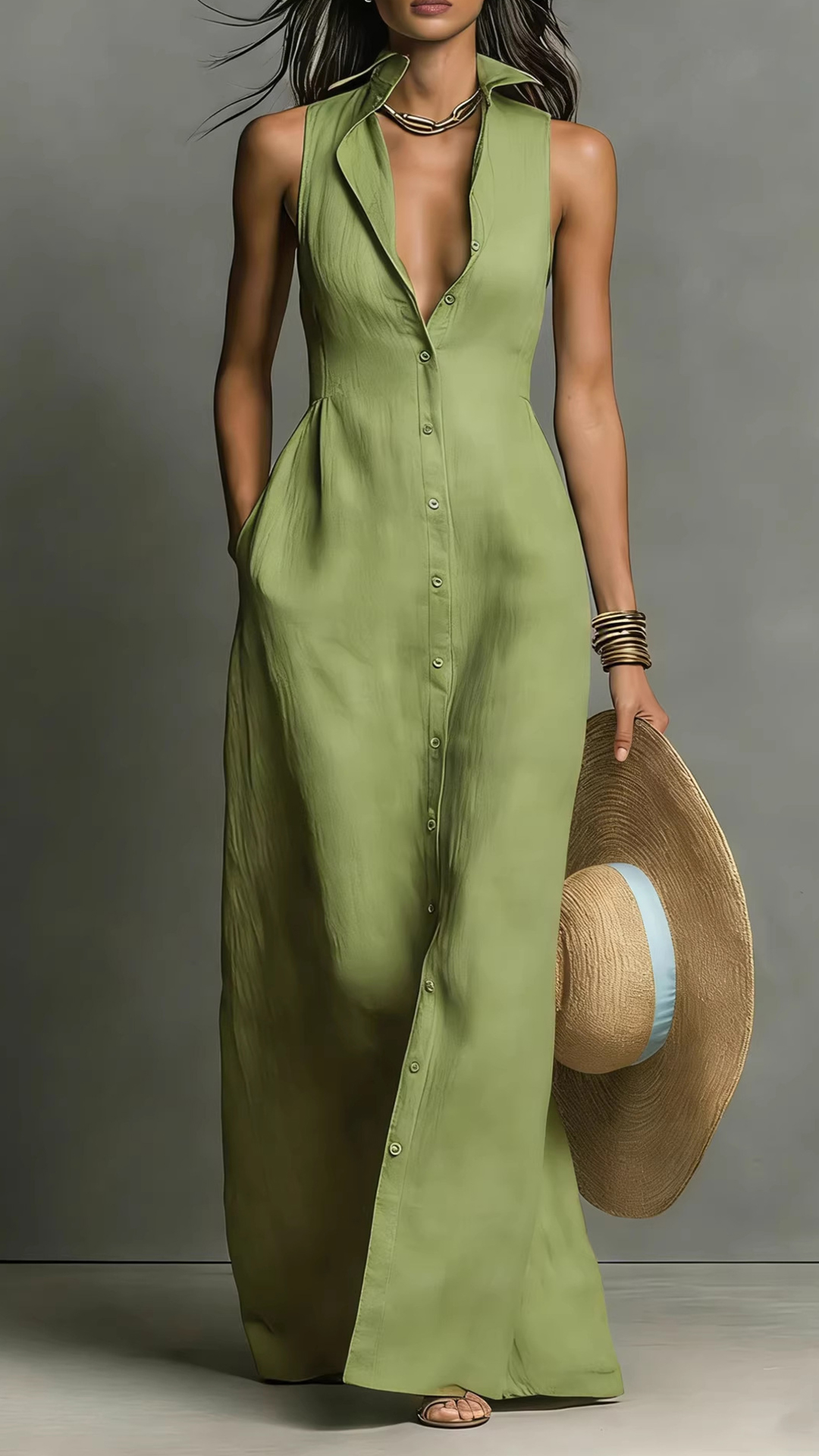 Women's Sleeveless Collared Waist-Cinching Long Shirt Dress - Nordfashionstorm - Women's Clothing, Fashion for You - Nordfashionstorm.com