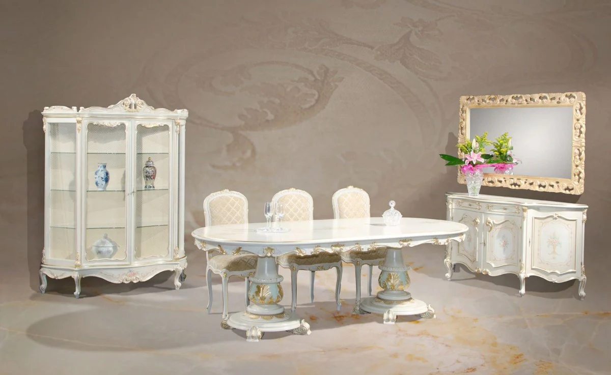 Luxury Baroque Dining Table White / Cream / Multicolor / Gold - Oval Solid Wood Dining Room Table in Baroque Style - Baroque Dining Room Furniture - Luxury Quality - Made in Italy