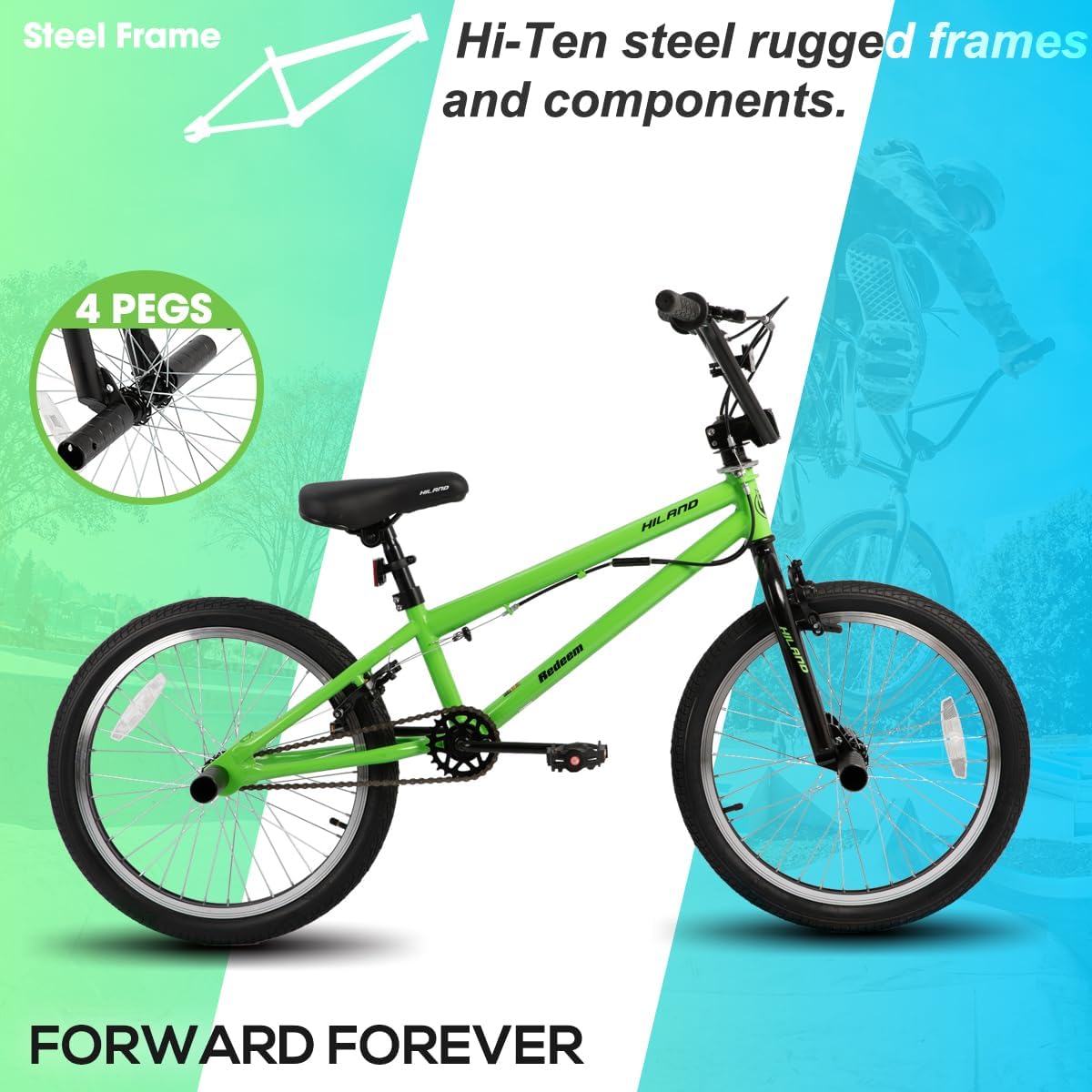 HILAND BMX Freestyle 20 Pollici con 4 Pegs per Ruote e Sistema Sterzo Rotore 360°, per Ragazzi, Ragazze e Adolescenti dai 7 Anni in Su, Nero/Verde/Rosso/Bianco
