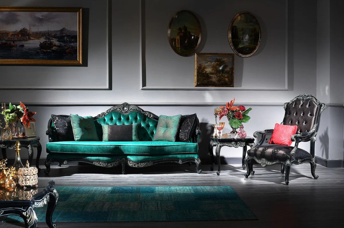 Luxury baroque living room set green / black / gold - 2 sofas & 2 armchairs & 1 coffee table & 2 side tables - magnificent baroque furniture - luxury quality