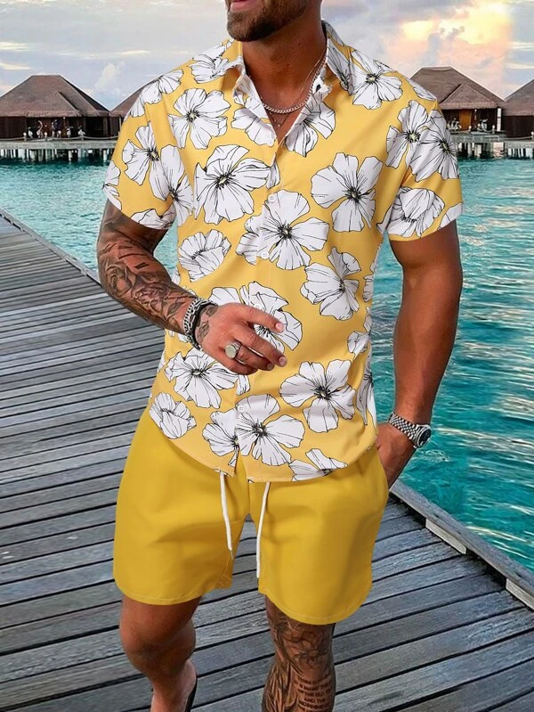 Suitmens Men's Hawaiian Print Short Sleeve Shirt Set 020