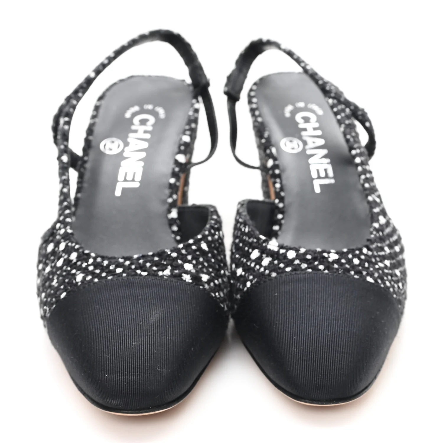 Tweed Polkadot Grosgrain Cap Toe CC Slingback Pumps 36 Black White Silver - Top Club