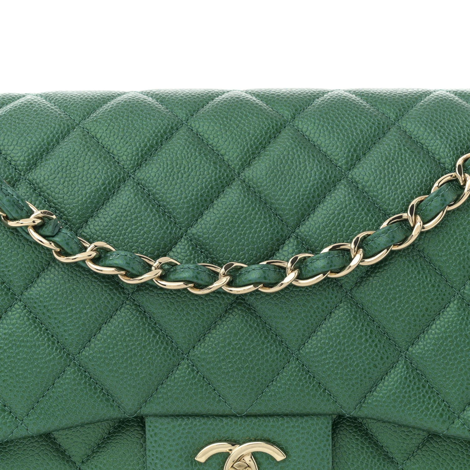 Metallic Caviar Quilted Jumbo Double Flap Green - Top Club