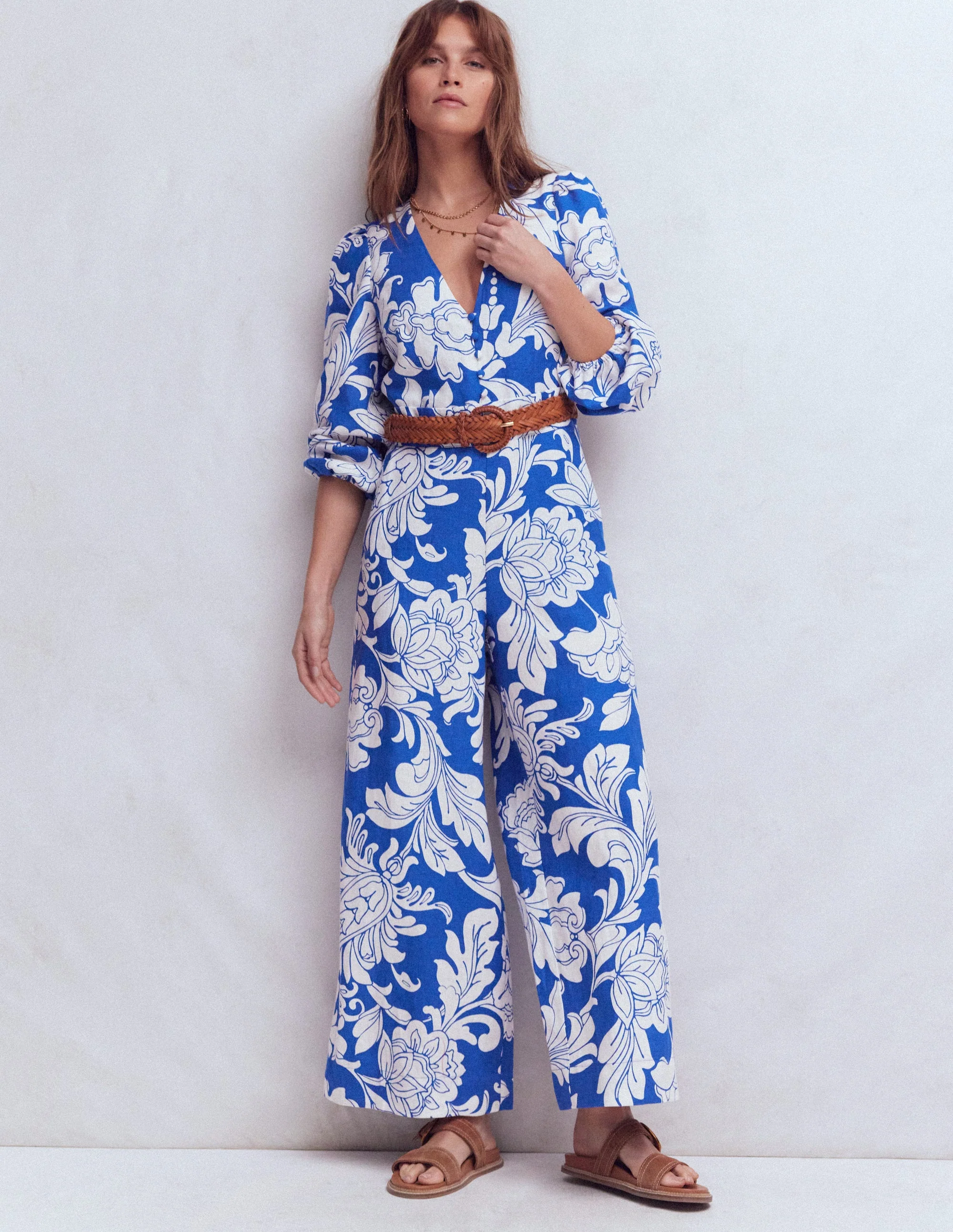 Lola Leinen-Jumpsuit-Blau Botanisches Muster Monochrom