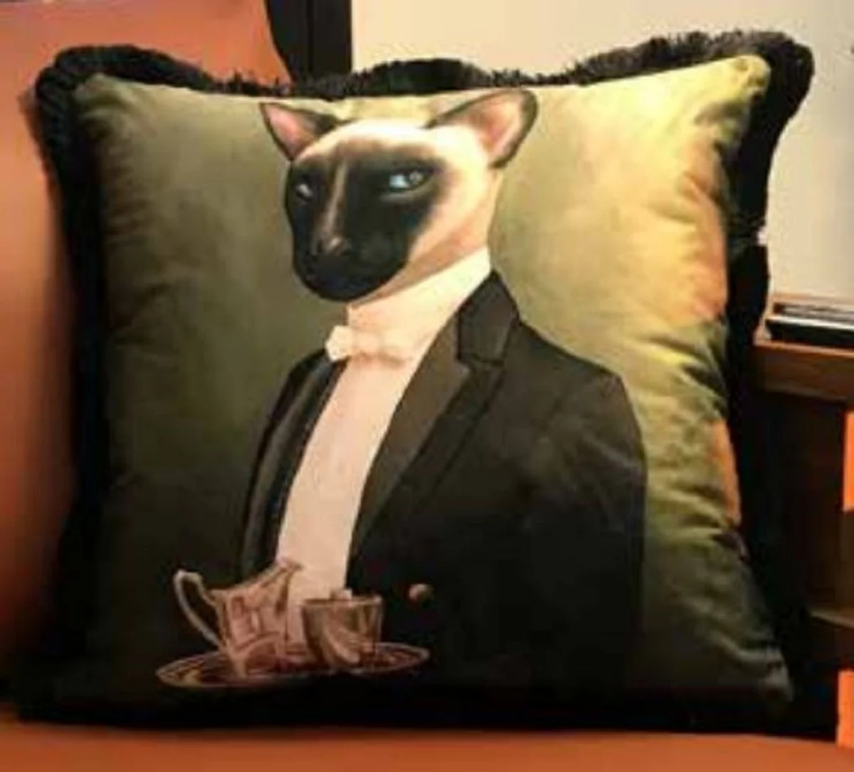 Luxury decorative cushion house servant cat green / multicolored 45 x 45 cm - printed velvet cushion with fringes - luxury quality