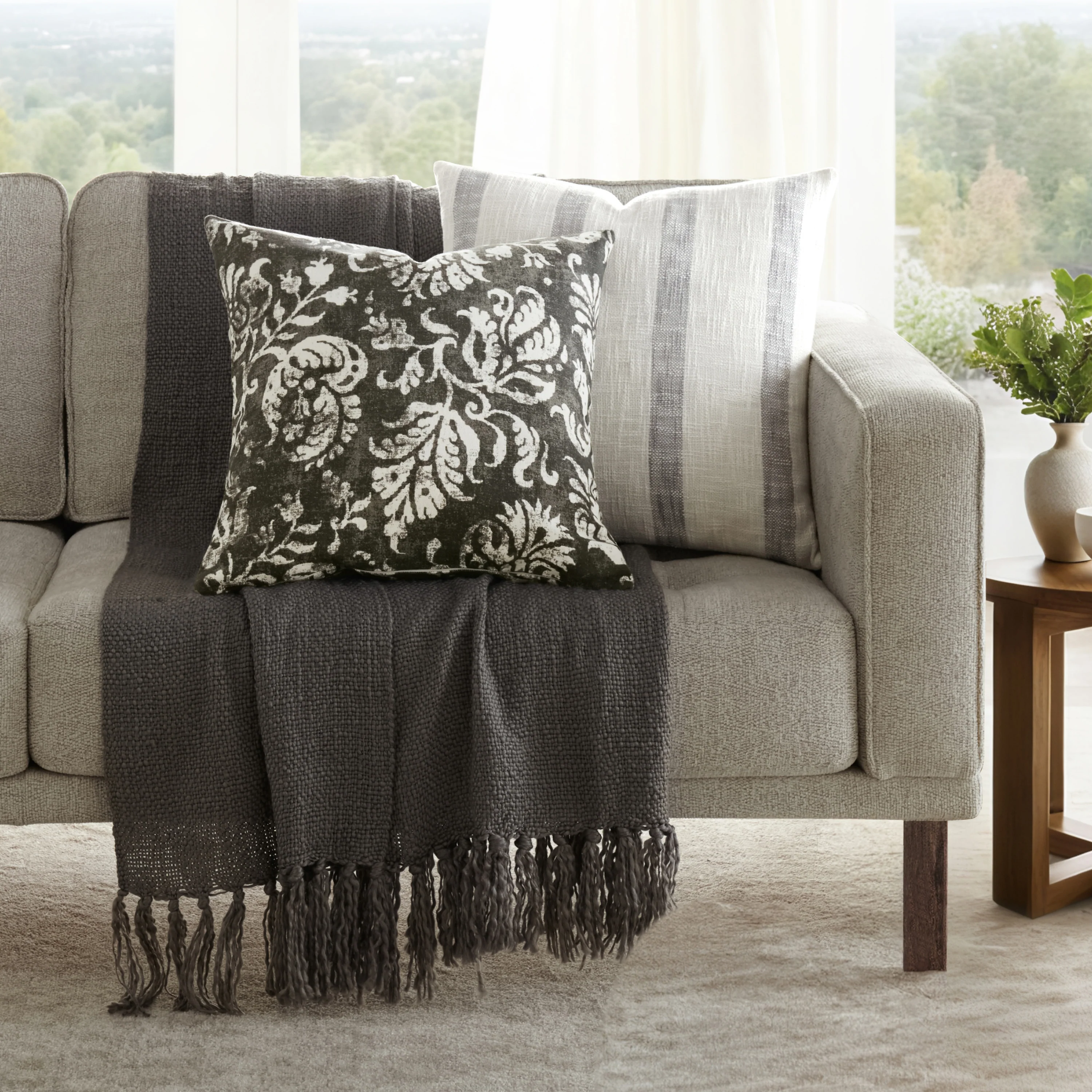 2-Pack Yarn-Dyed Awning Stripe / Distressed Floral Décor Throw Pillows