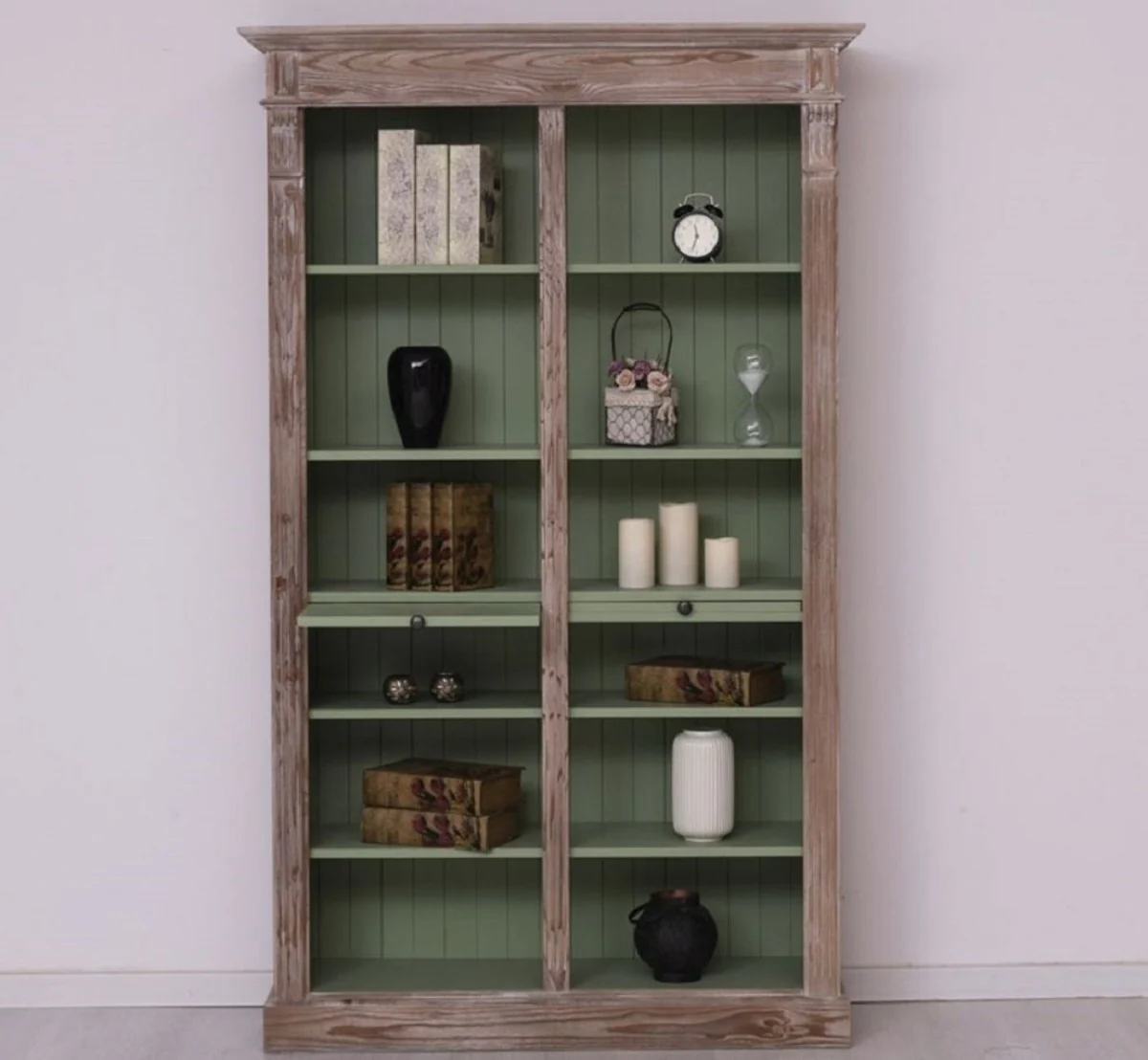 Country house style bookcase brown / green 120 x 37 x H. 197 cm - solid wood cabinet - shelf cabinet - living room cabinet - country house style furniture
