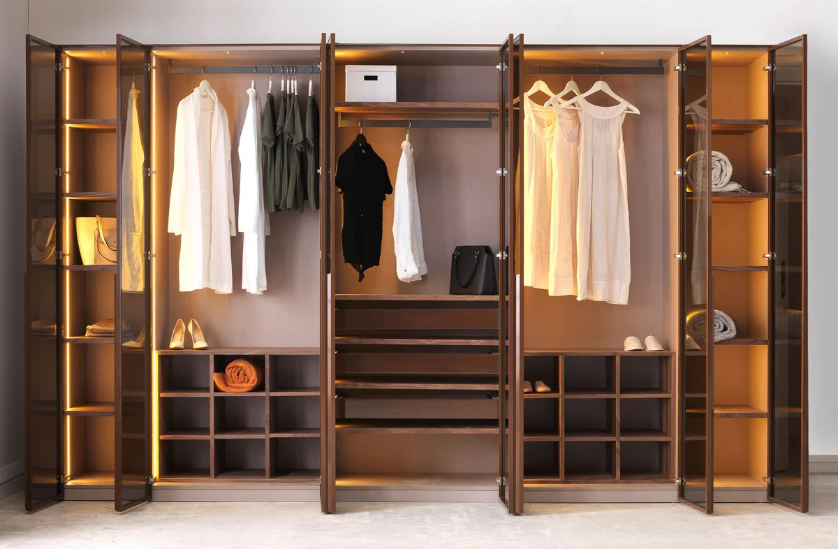 Luxury bedroom wardrobe dark brown 360 x 62 x H. 230 cm - Illuminated wardrobe with 8 glass doors - Bedroom furniture - Hotel furniture - Luxury furniture