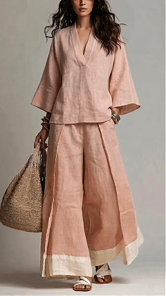 Women's Cotton-Linen French-Style V-Neck 3/4-Sleeve Shirt & Contrast Wide-Leg Pants Set - Nordfashionstorm - Women's Clothing, Fashion for You - Nordfashionstorm.com