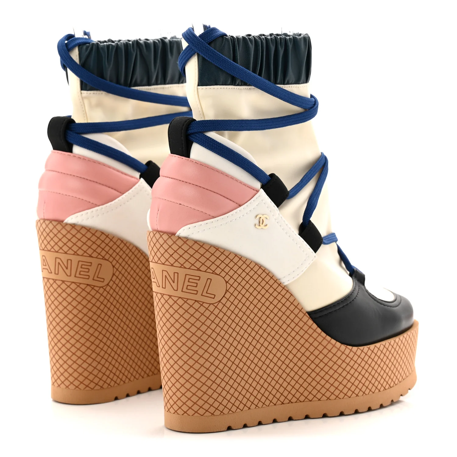 Fabric Lambskin Calfskin Runway Wedge Short Platform Boots 36 Blue White Pink - Top Club