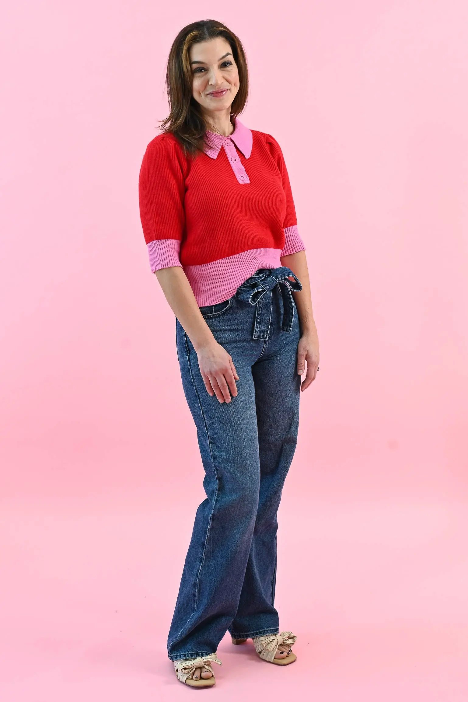 Love Letter Color Block Collared Sweater Top - ALJEGJ