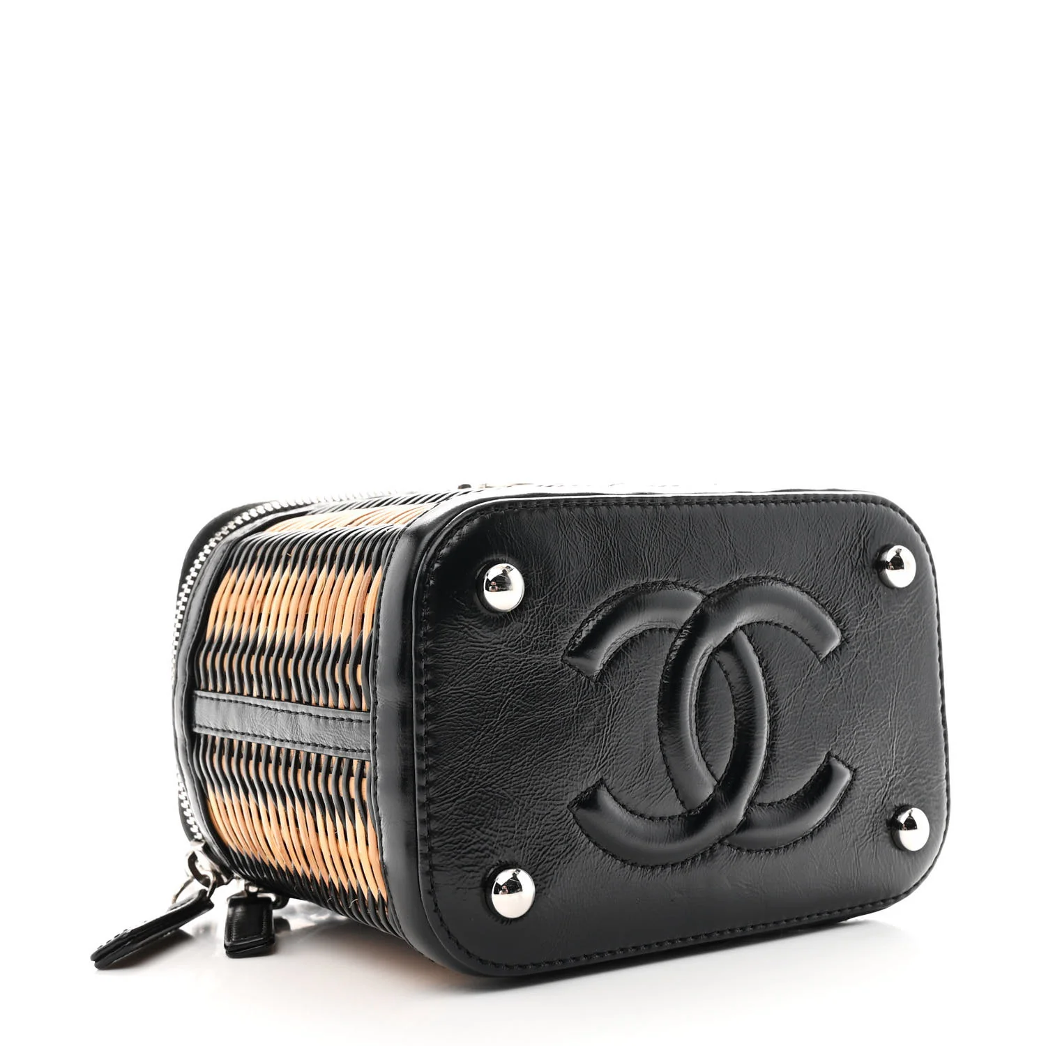 Calfskin Raffia Small Vanity Case Bag Black Beige - Top Club