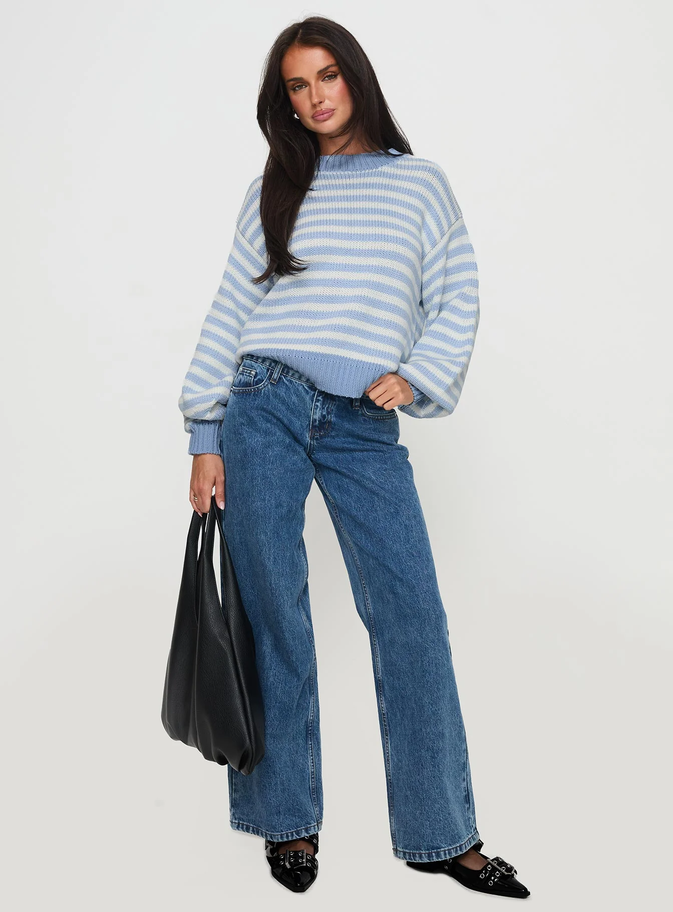 Harmony Balloon Sleeve Knit Sweater Blue / White Stripe