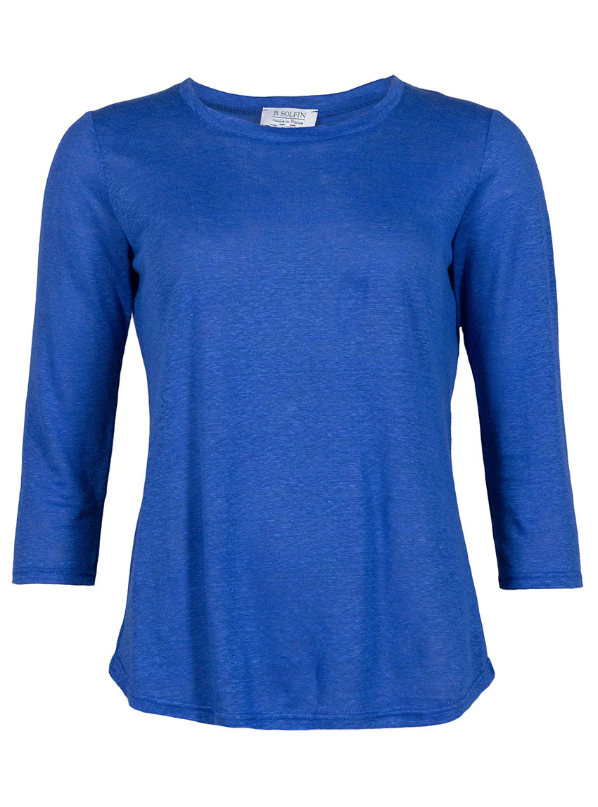 Tee-shirt femme en lin manches 3/4 bleu atlantique
